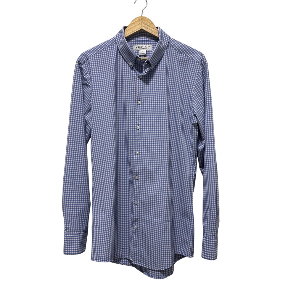 Mizzen+Main Leeward Dress Shirt Mens L Blue Gingham Trim Fit Performance Stretch